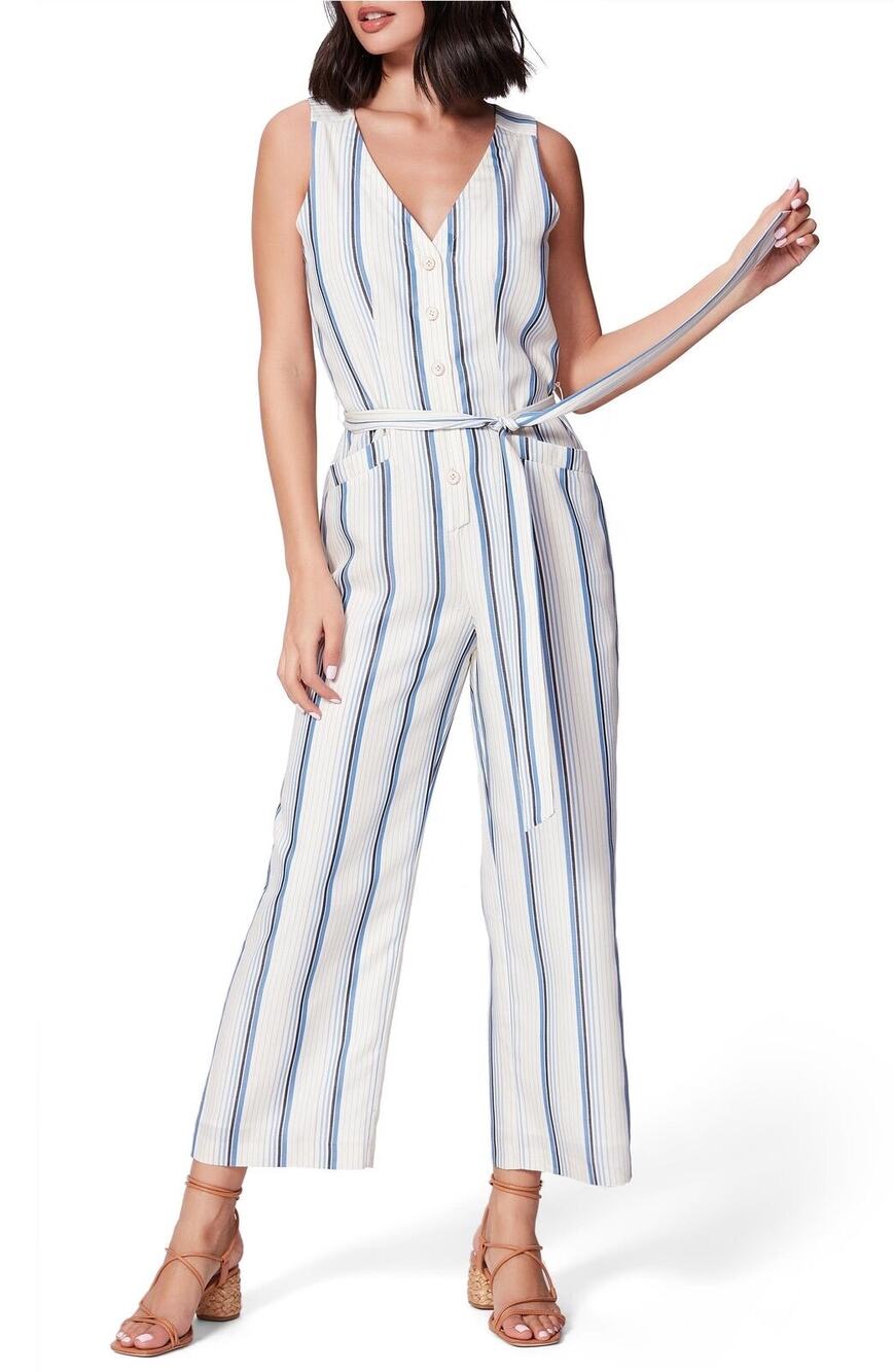Paige Meade Stripe Jumpsuit Blue White Crop Leg Pockets Belt 4
